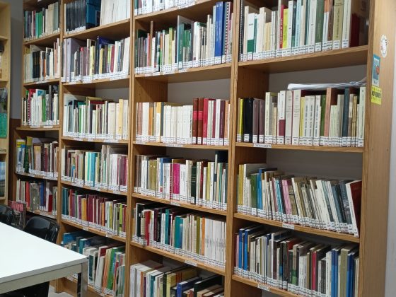 Estanterías llenas de libros de la biblioteca en el local del Ligallo de Fablans de l'Aragonés ubicada en el C.C. El Caracol.